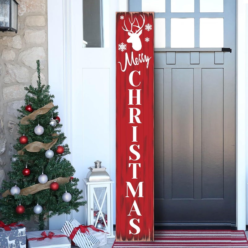 PEROUU Merry Christmas Welcome Sign for Front Porch Standing, Snowflake Elk Wooden Porch Sign for Xmas Front Door Decorations, Rustic Farmhouse Red Hanging Signs Wall Sign for Christmas Decor 47.2"H - Image 1